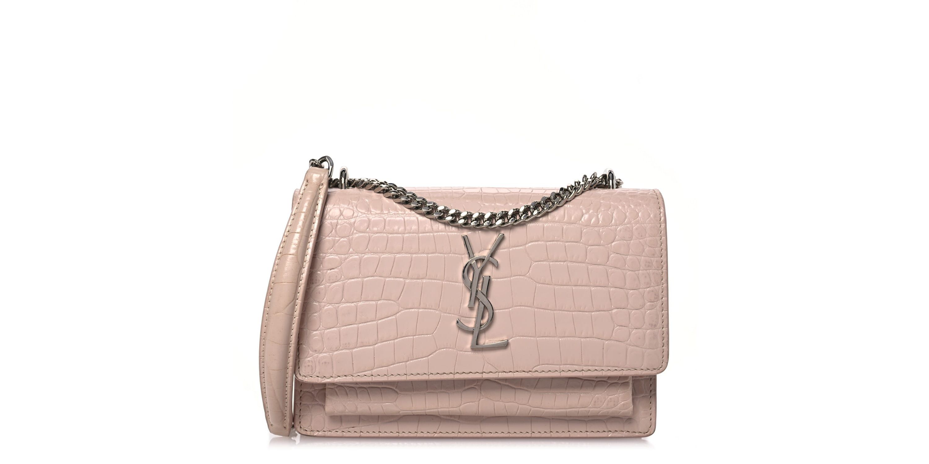 Saint Laurent Calfskin Crocodile Embossed Monogram Sunset Chain Wallet Marble Pink -FINAL SALE NO RETURNS