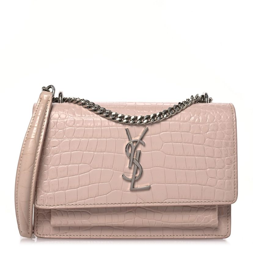 Saint Laurent Calfskin Crocodile Embossed Monogram Sunset Chain Wallet Marble Pink -FINAL SALE NO RETURNS