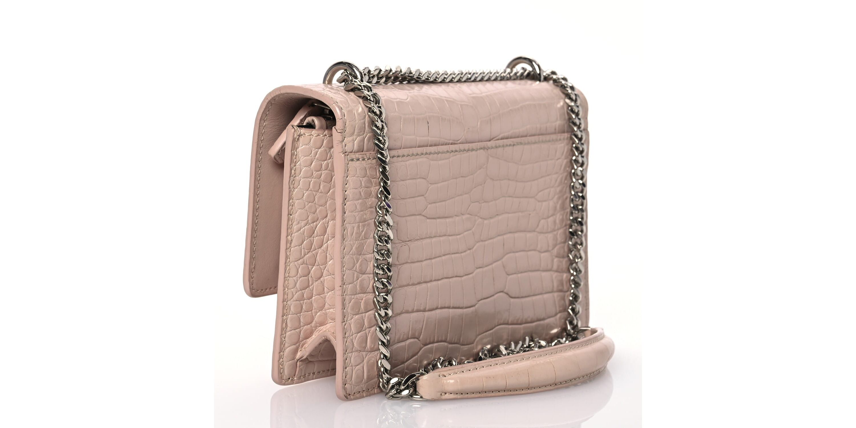 Saint Laurent Calfskin Crocodile Embossed Monogram Sunset Chain Wallet Marble Pink -FINAL SALE NO RETURNS