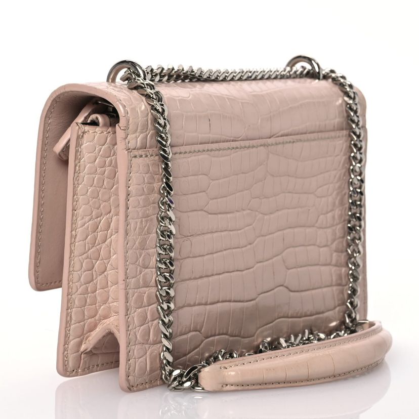 Saint Laurent Calfskin Crocodile Embossed Monogram Sunset Chain Wallet Marble Pink -FINAL SALE NO RETURNS
