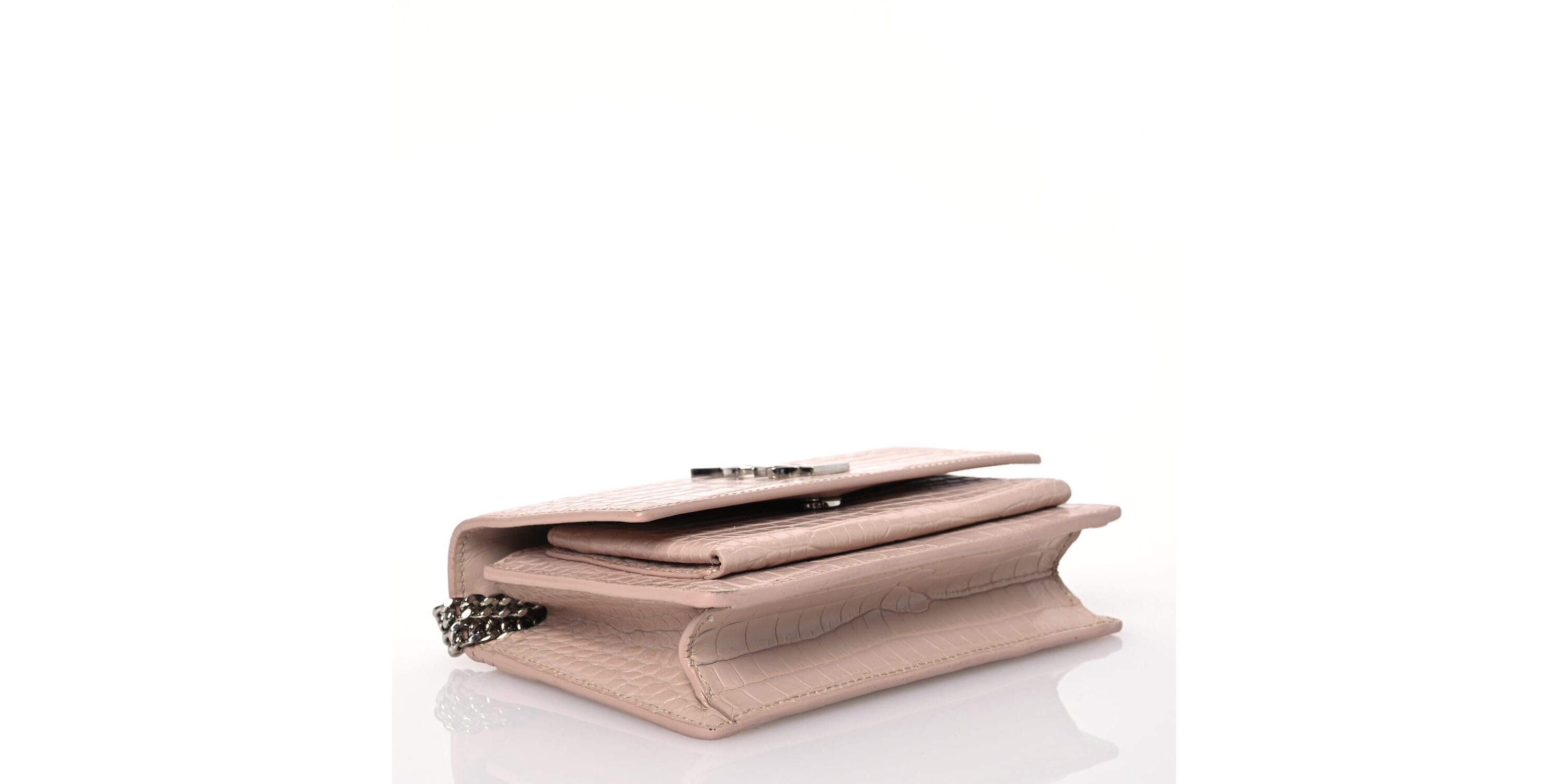 Saint Laurent Calfskin Crocodile Embossed Monogram Sunset Chain Wallet Marble Pink -FINAL SALE NO RETURNS