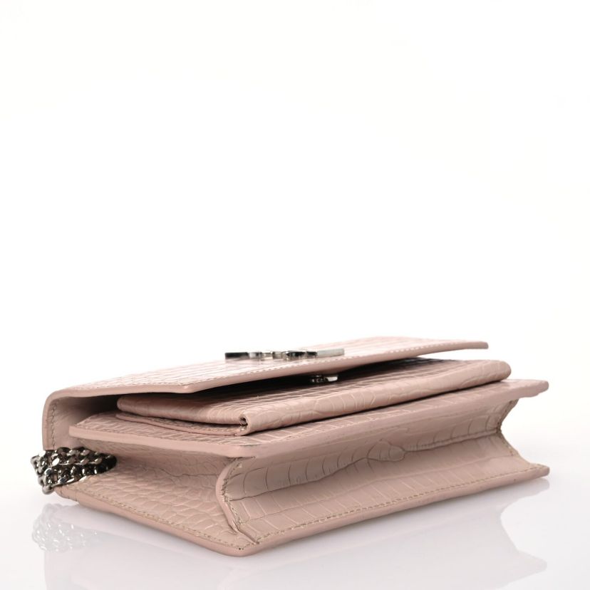 Saint Laurent Calfskin Crocodile Embossed Monogram Sunset Chain Wallet Marble Pink -FINAL SALE NO RETURNS