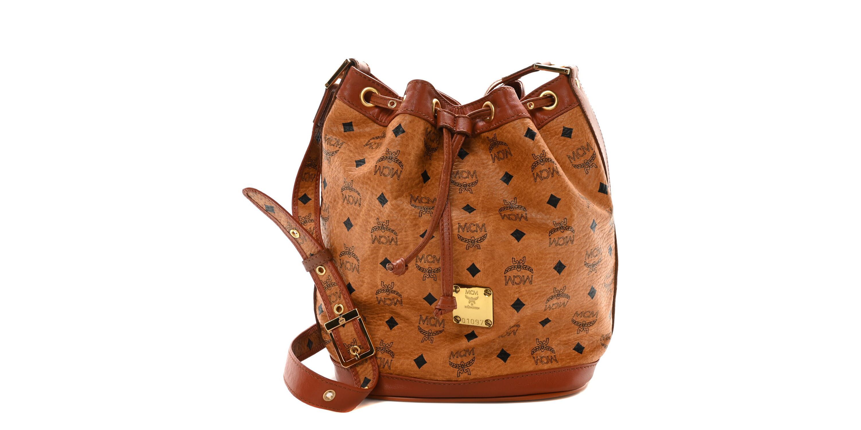 MCM Visetos Small Heritage Drawstring Bucket Bag Cognac -FINAL SALE NO RETURNS