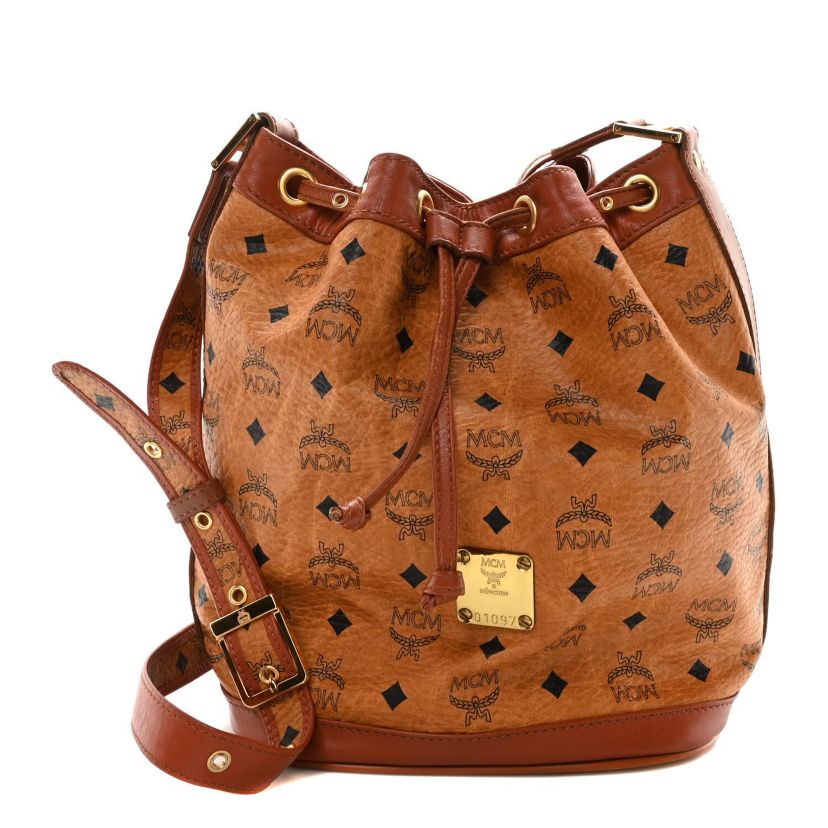 MCM Visetos Small Heritage Drawstring Bucket Bag Cognac -FINAL SALE NO RETURNS