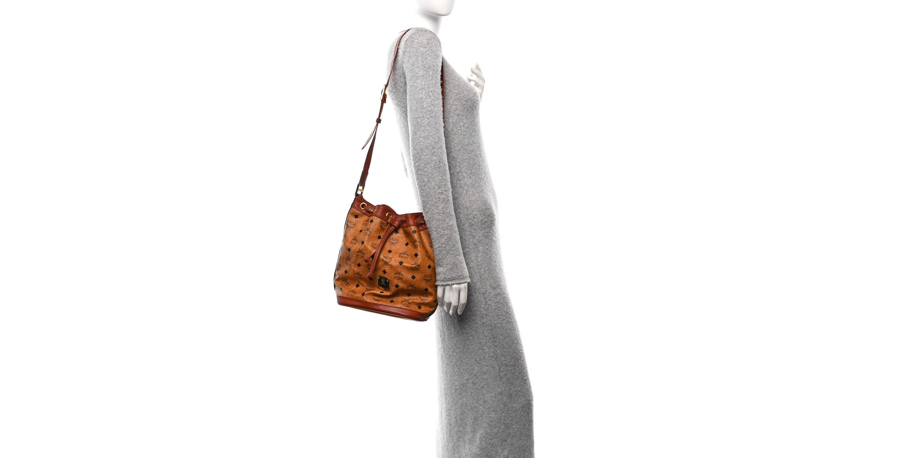 MCM Visetos Small Heritage Drawstring Bucket Bag Cognac -FINAL SALE NO RETURNS