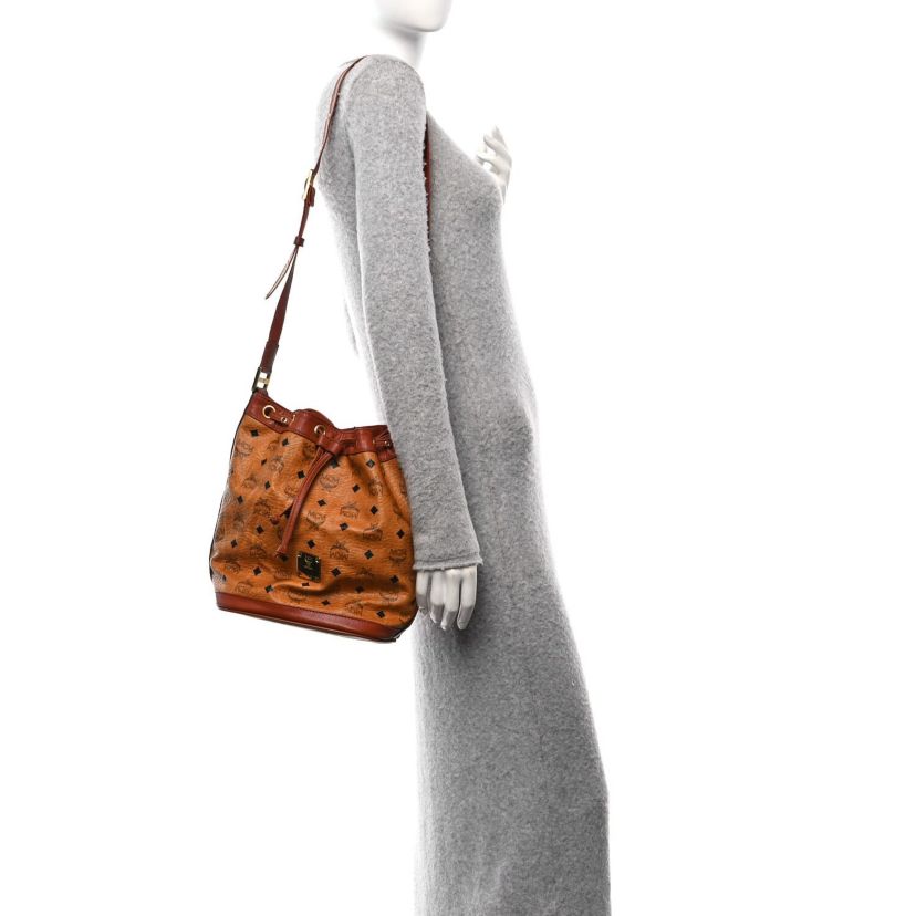 MCM Visetos Small Heritage Drawstring Bucket Bag Cognac -FINAL SALE NO RETURNS