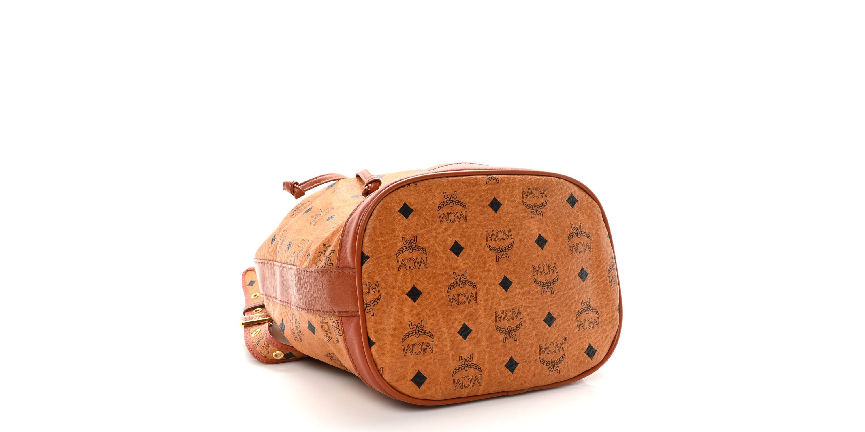 MCM Visetos Small Heritage Drawstring Bucket Bag Cognac -FINAL SALE NO RETURNS
