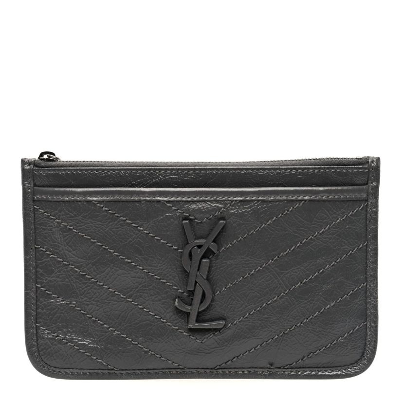 Saint Laurent Crinkled Calfskin Matelasse Monogram Niki Bill Pouch Storm -FINAL SALE NO RETURNS