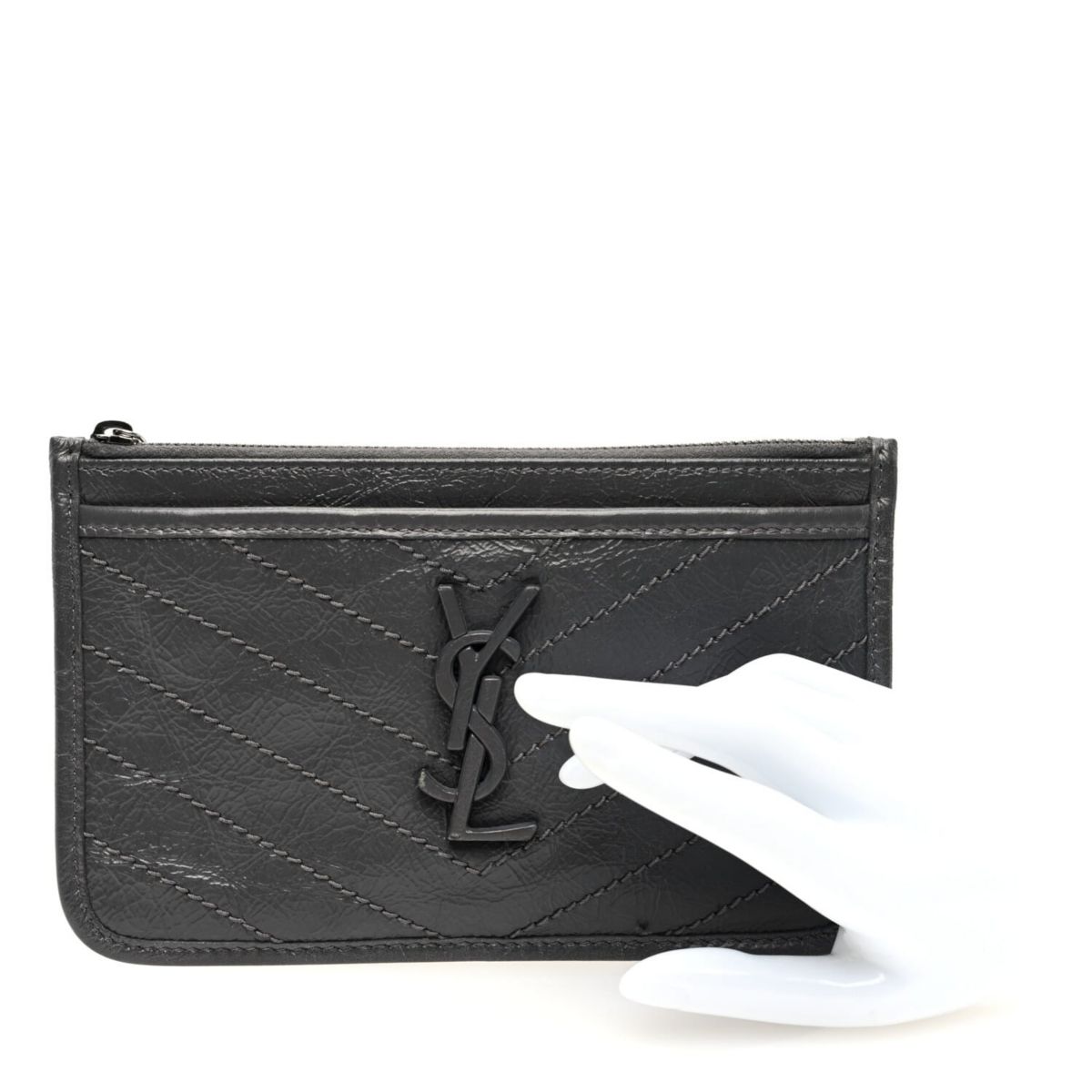 Saint Laurent Crinkled Calfskin Matelasse Monogram Niki Bill Pouch Storm -FINAL SALE NO RETURNS