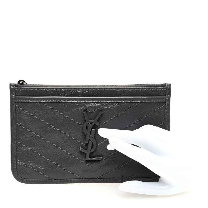 Saint Laurent Crinkled Calfskin Matelasse Monogram Niki Bill Pouch Storm -FINAL SALE NO RETURNS