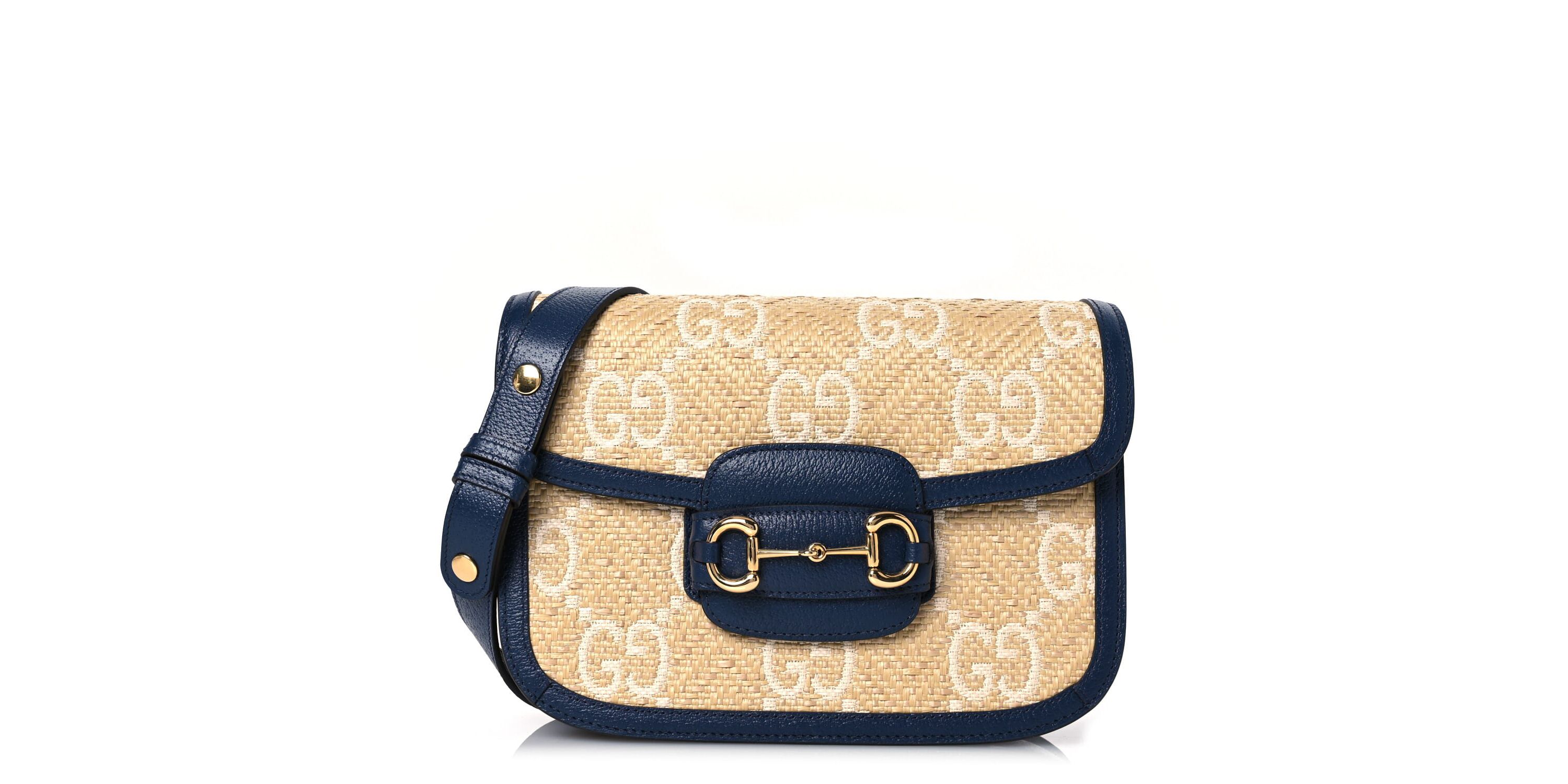 Gucci Raffia Textured Dollar Calfskin GG Monogram Horsebit 1955 Shoulder Bag Natural Mystic White Blue Agata -FINAL SALE NO RETURNS