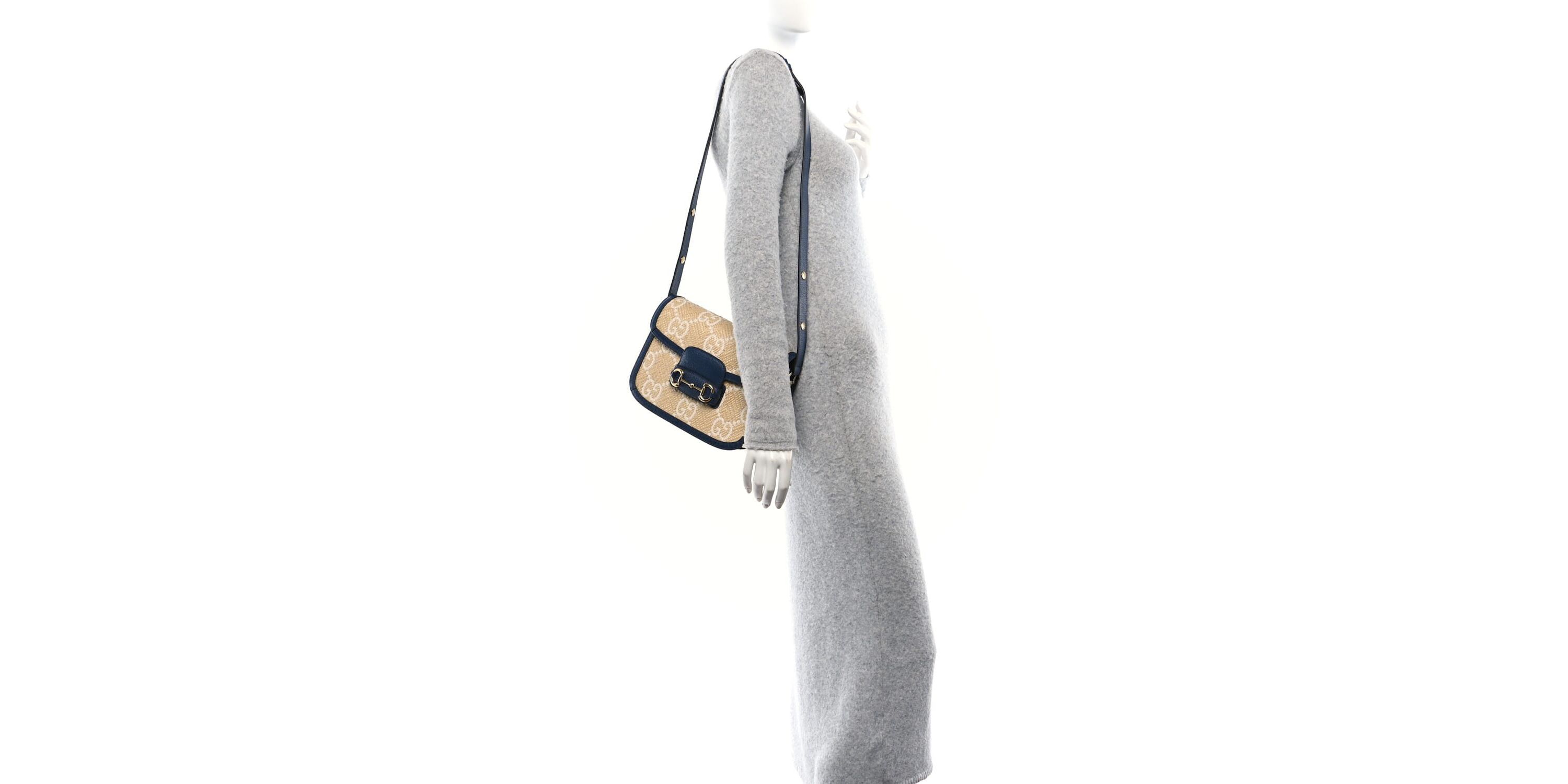 Gucci Raffia Textured Dollar Calfskin GG Monogram Horsebit 1955 Shoulder Bag Natural Mystic White Blue Agata -FINAL SALE NO RETURNS