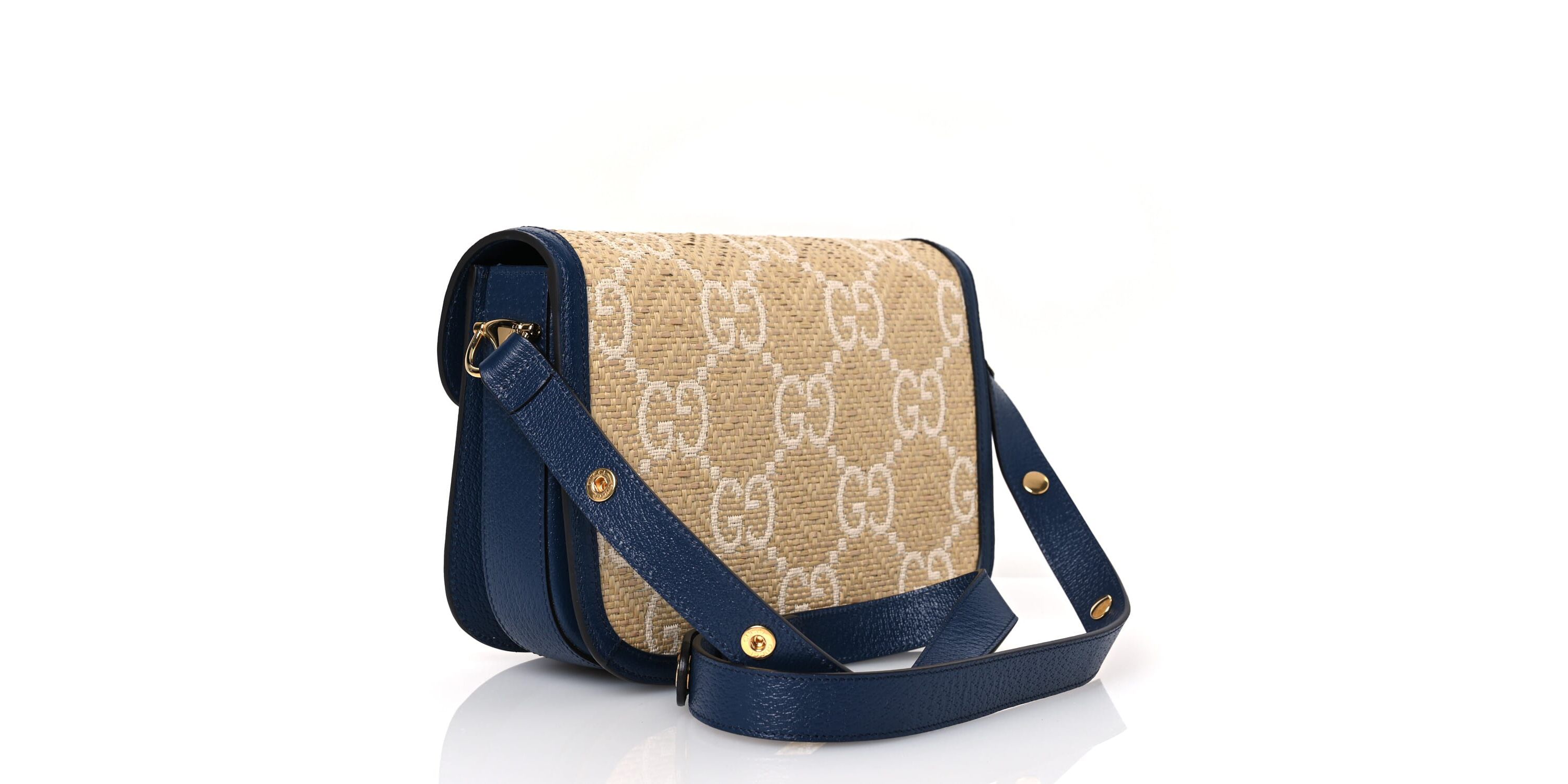 Gucci Raffia Textured Dollar Calfskin GG Monogram Horsebit 1955 Shoulder Bag Natural Mystic White Blue Agata -FINAL SALE NO RETURNS