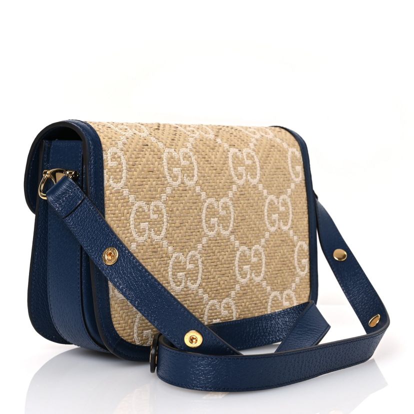 Gucci Raffia Textured Dollar Calfskin GG Monogram Horsebit 1955 Shoulder Bag Natural Mystic White Blue Agata -FINAL SALE NO RETURNS