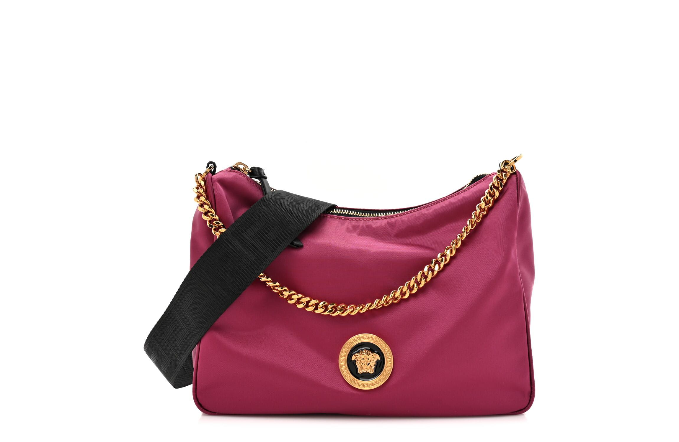 Versace Nylon Tribute Chain Crossbody Shoulder Bag Dark Pink Black -FINAL SALE NO RETURNS