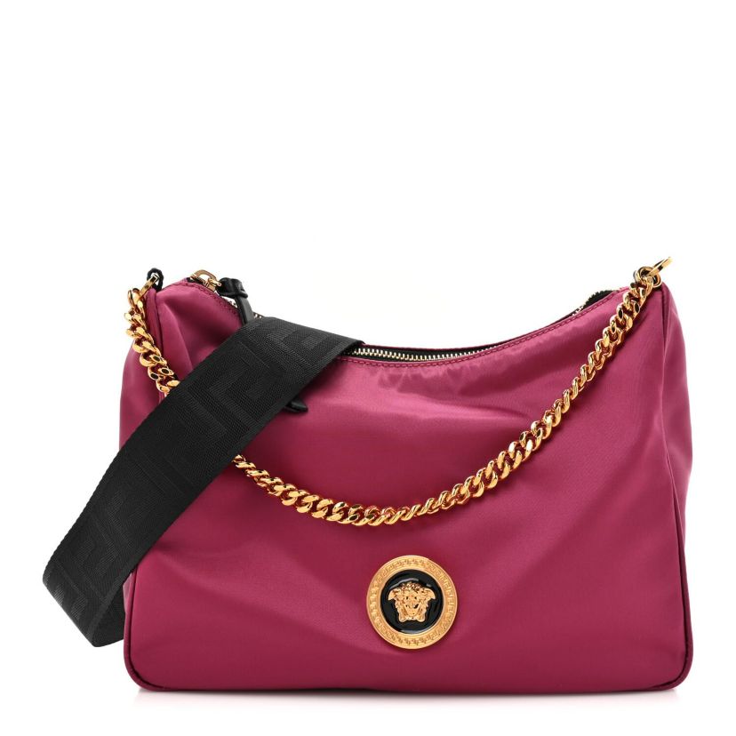 Versace Nylon Tribute Chain Crossbody Shoulder Bag Dark Pink Black -FINAL SALE NO RETURNS