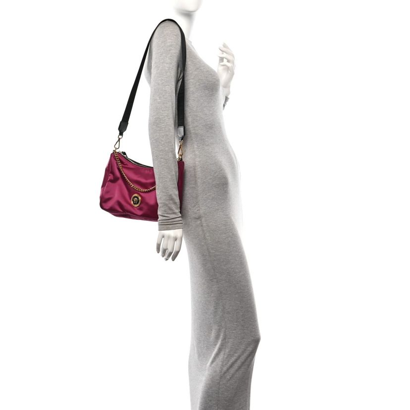 Versace Nylon Tribute Chain Crossbody Shoulder Bag Dark Pink Black -FINAL SALE NO RETURNS