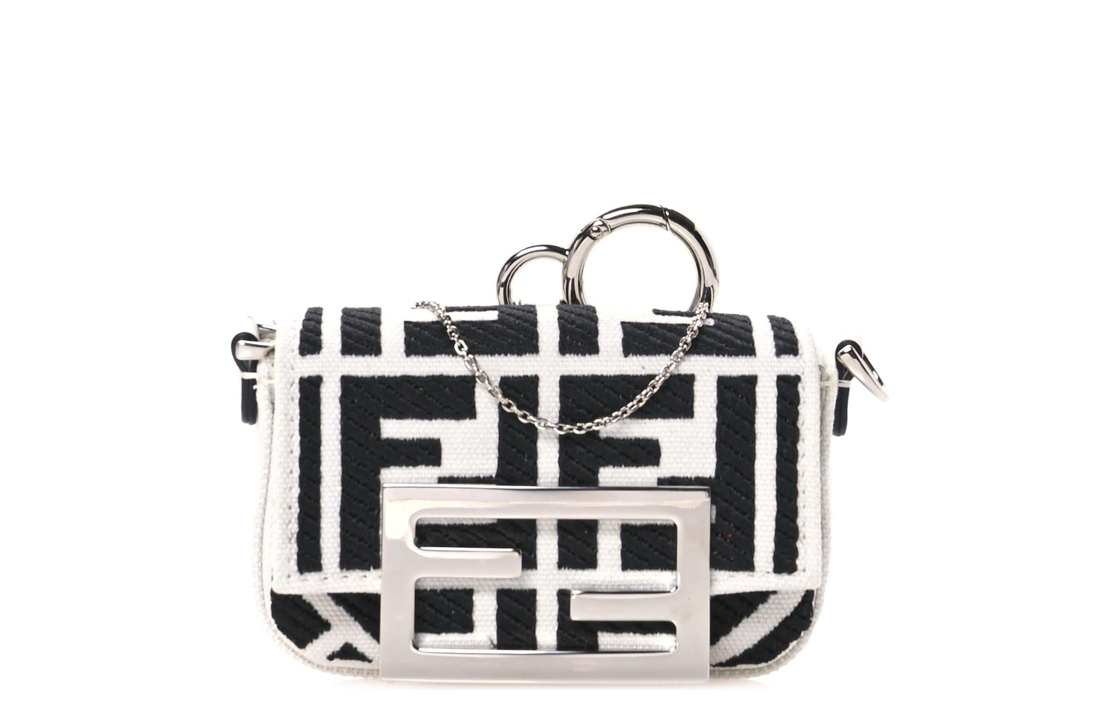 Fendi Canvas Vitello King FF Embroidered Nano Maxi Buckle Baguette Charm White Black -FINAL SALE NO RETURNS
