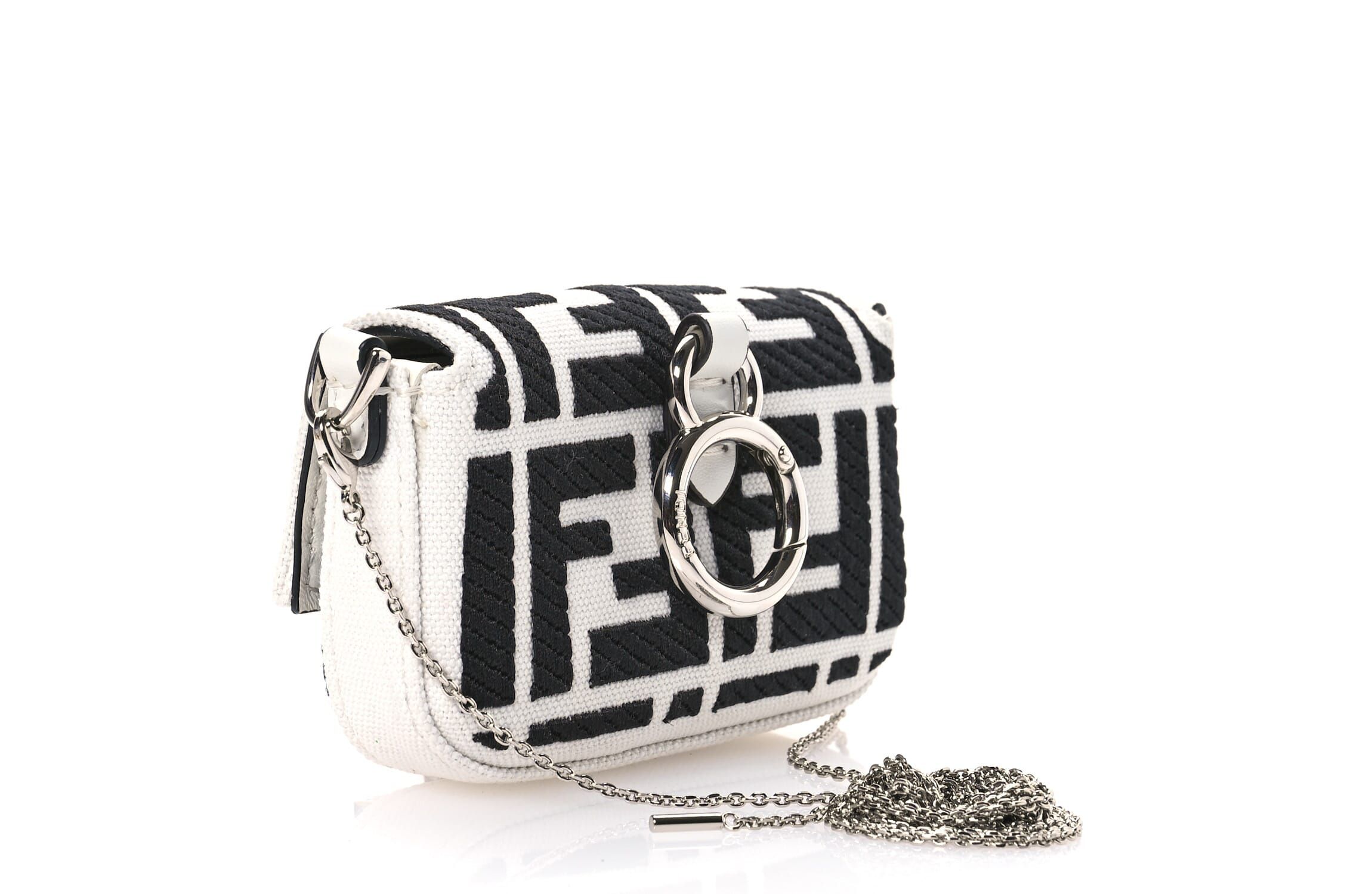 Fendi Canvas Vitello King FF Embroidered Nano Maxi Buckle Baguette Charm White Black -FINAL SALE NO RETURNS