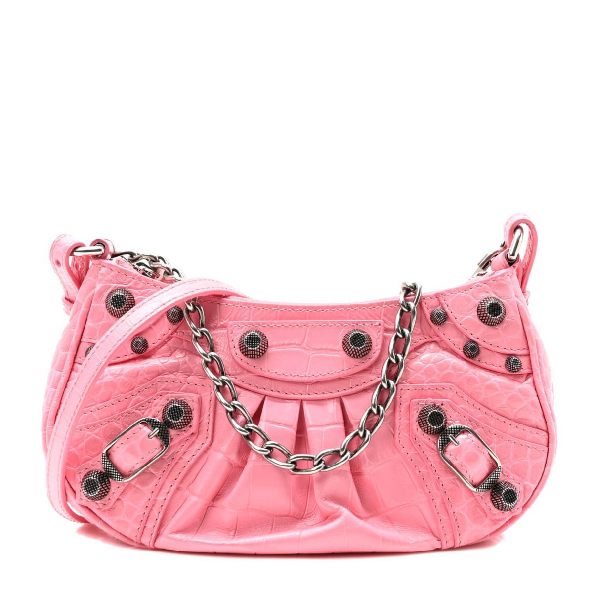 Balenciaga Extra Supple Calfskin Crocodile Embossed Le Cagole Mini Purse With Chain Sweet Pink -FINAL SALE NO RETURNS