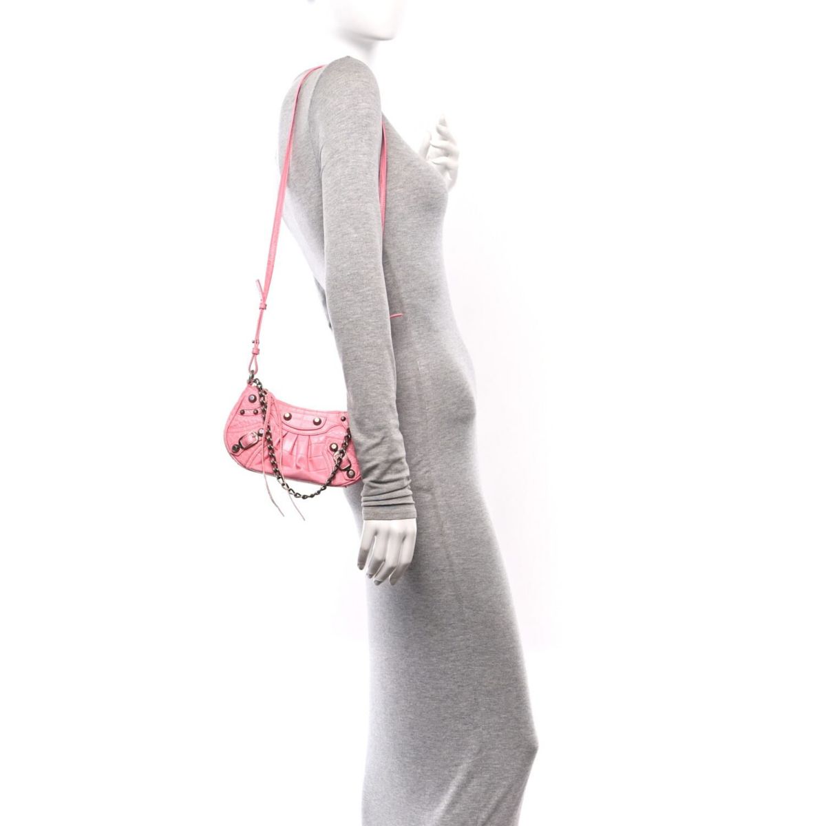 Balenciaga Extra Supple Calfskin Crocodile Embossed Le Cagole Mini Purse With Chain Sweet Pink -FINAL SALE NO RETURNS