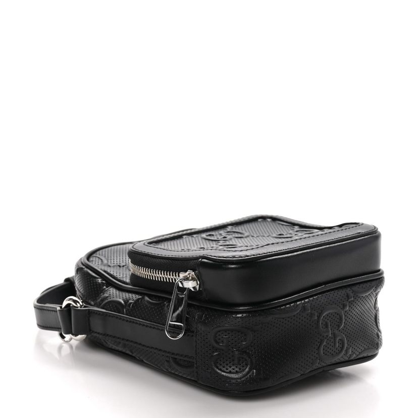 Gucci Calfskin GG Tennis Embossed Mini Double Zip Messenger Bag Black -FINAL SALE NO RETURNS