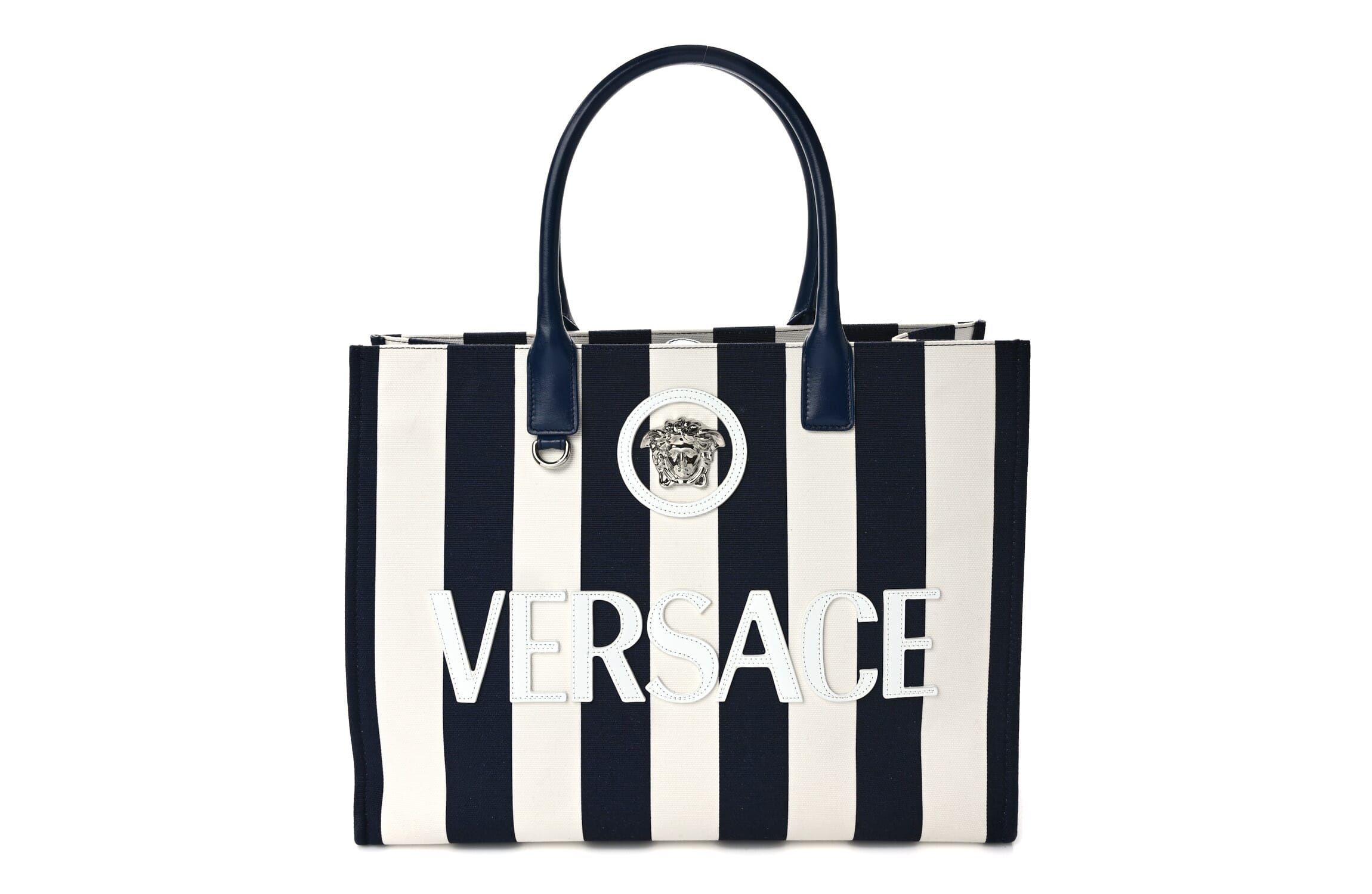 Versace VERSACE Striped Canvas Calfskin La Medusa Tote Bag Navy White -FINAL SALE NO RETURNS