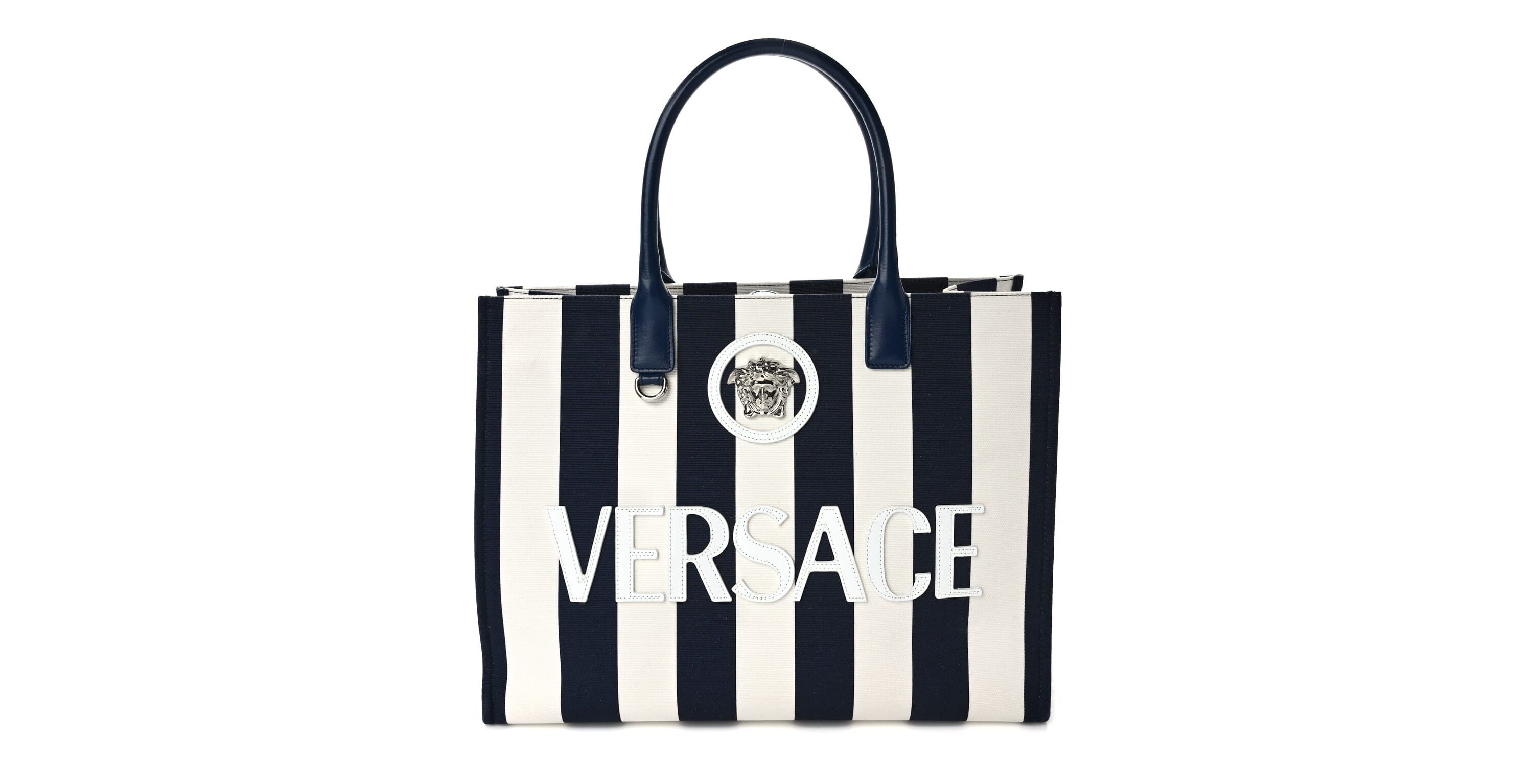 Versace VERSACE Striped Canvas Calfskin La Medusa Tote Bag Navy White -FINAL SALE NO RETURNS