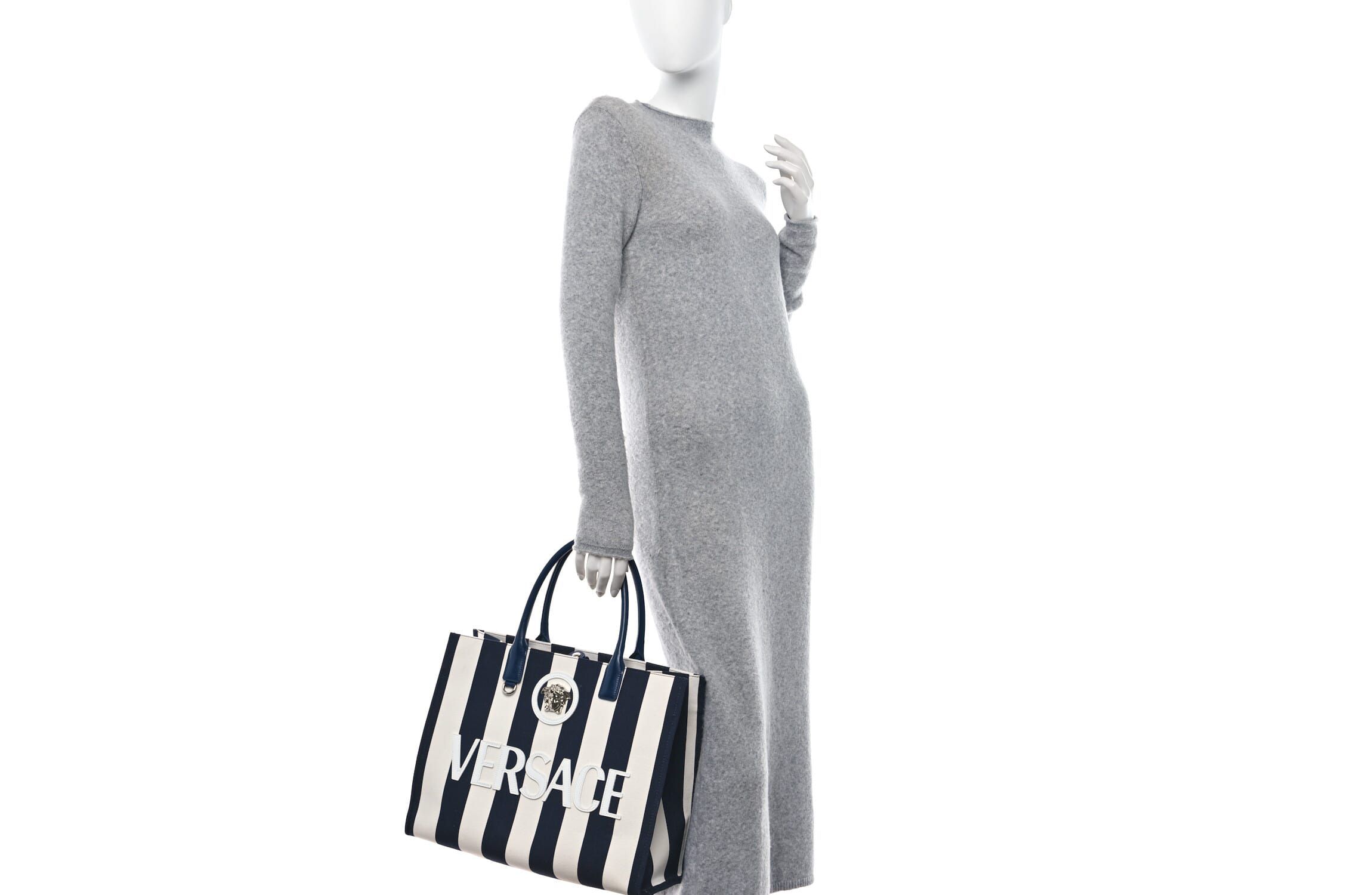 Versace VERSACE Striped Canvas Calfskin La Medusa Tote Bag Navy White -FINAL SALE NO RETURNS