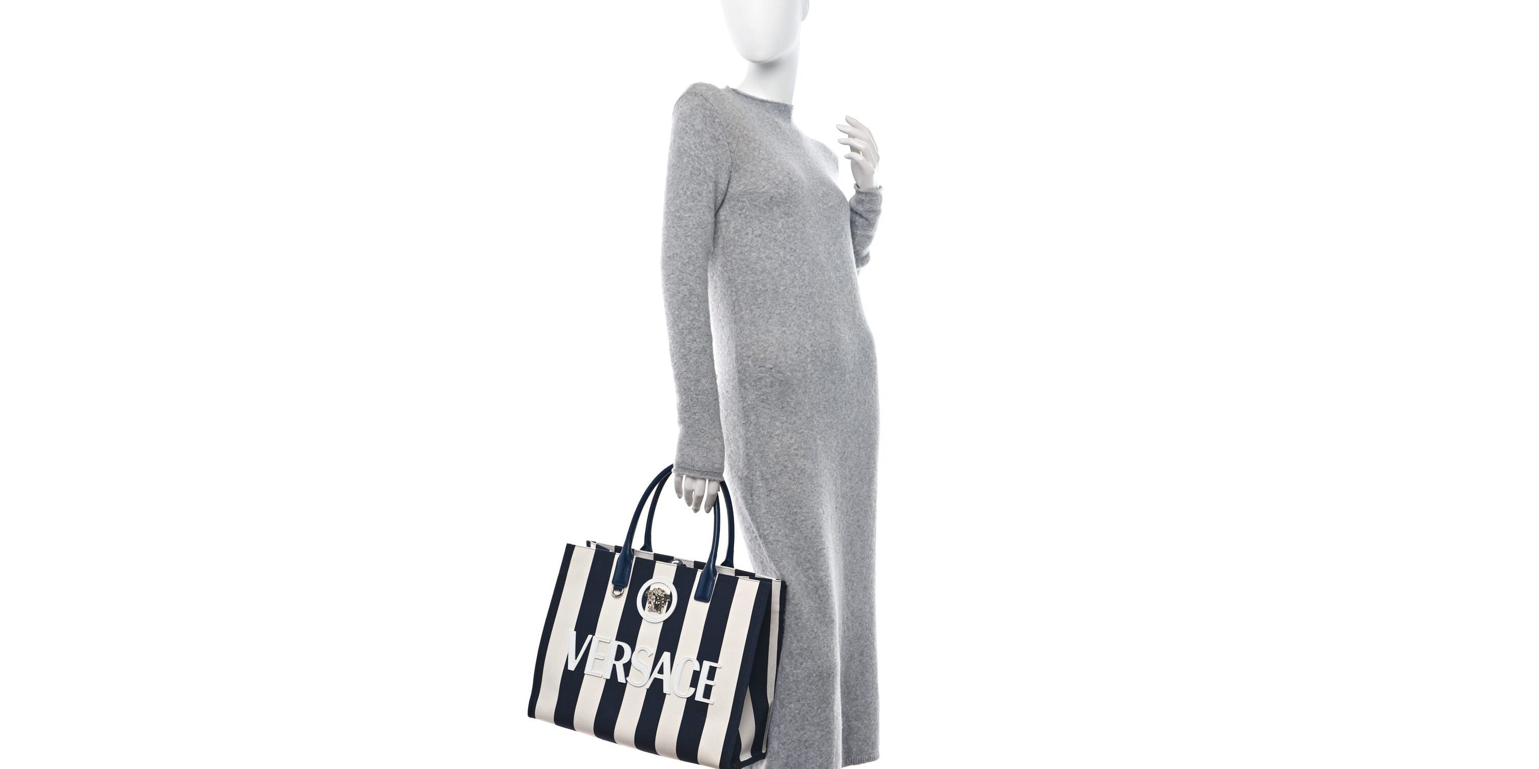 Versace VERSACE Striped Canvas Calfskin La Medusa Tote Bag Navy White -FINAL SALE NO RETURNS