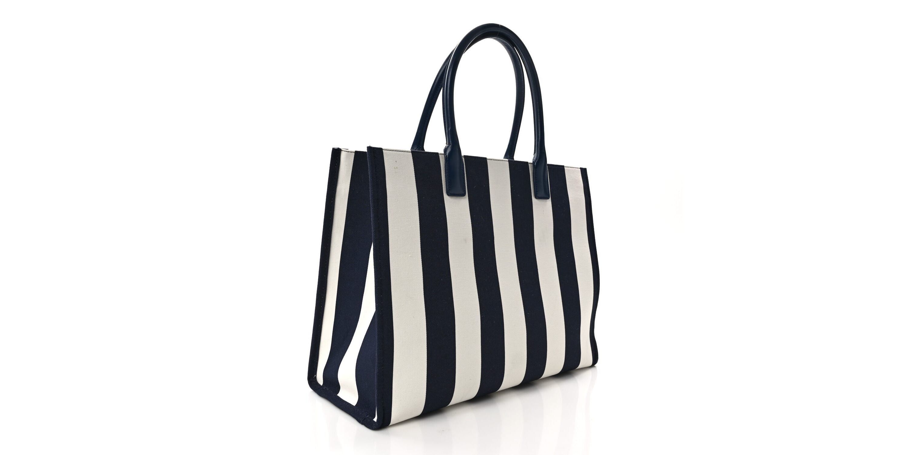 Versace VERSACE Striped Canvas Calfskin La Medusa Tote Bag Navy White -FINAL SALE NO RETURNS
