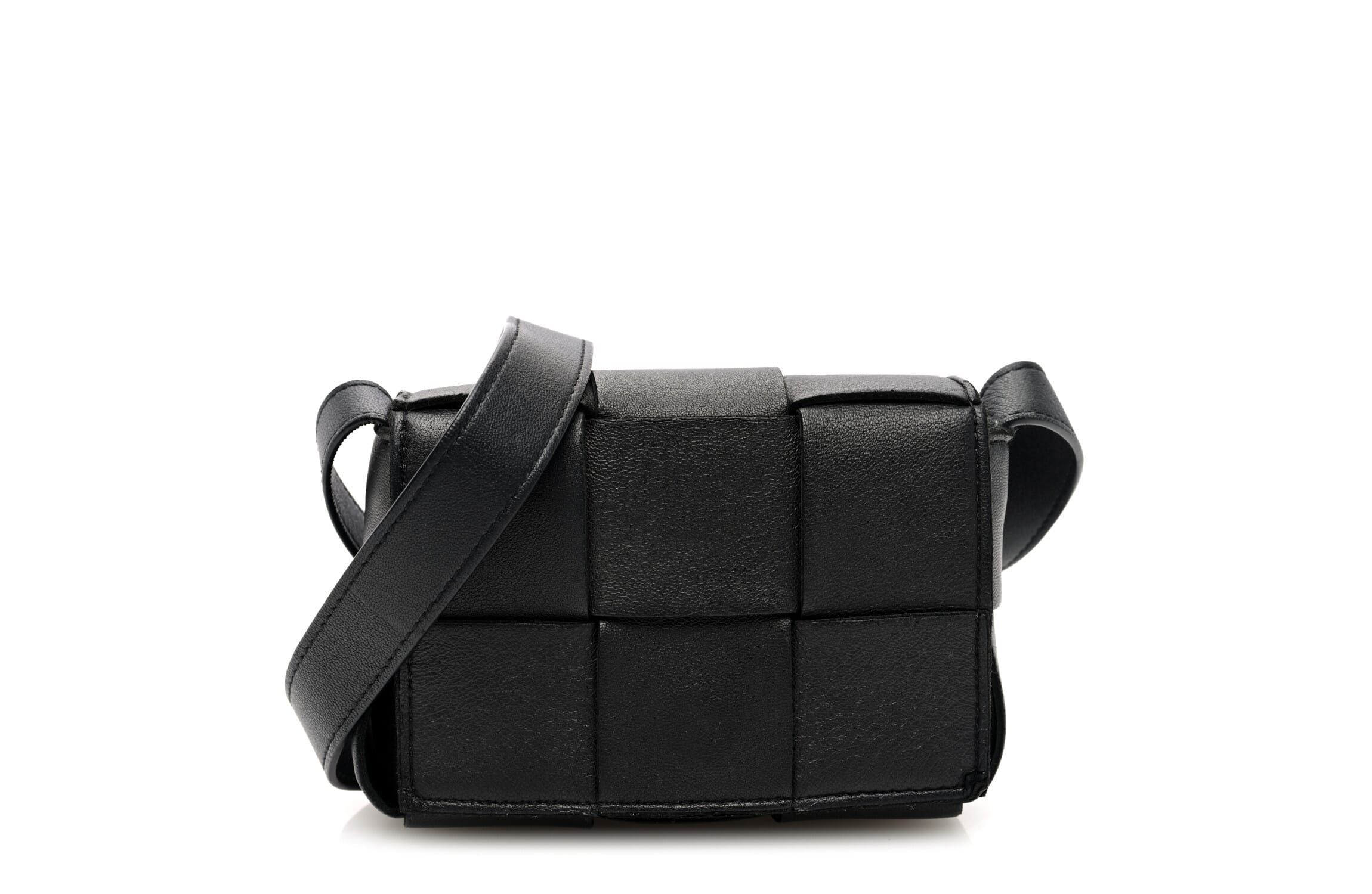Bottega Veneta Lambskin Maxi Intrecciato Extra Mini Cassette Crossbody Bag Black -FINAL SALE NO RETURNS