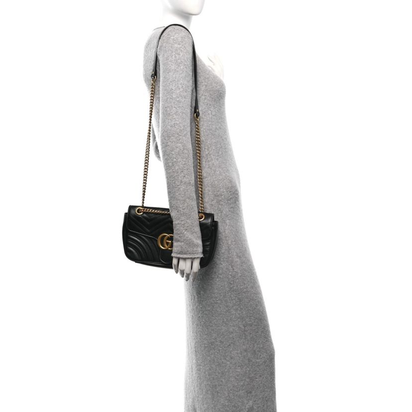 Gucci Calfskin Matelasse Small GG Marmont Shoulder Bag Black -FINAL SALE NO RETURNS