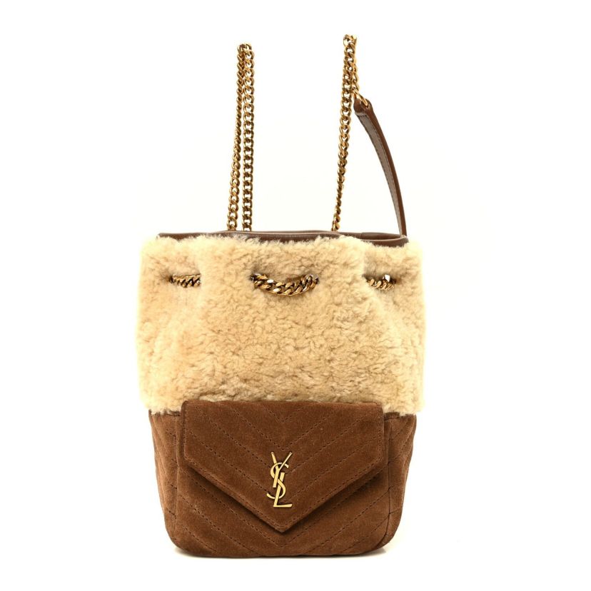 Saint Laurent Shearling Suede Monogram Joe Nano Bucket Bag Dark Cigar Natural Beige -FINAL SALE NO RETURNS