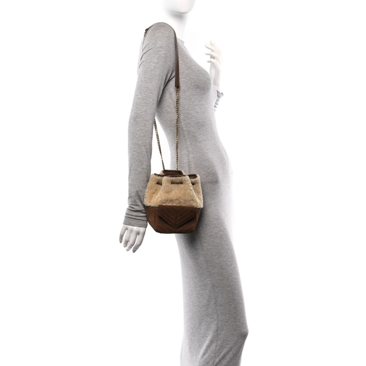 Saint Laurent Shearling Suede Monogram Joe Nano Bucket Bag Dark Cigar Natural Beige -FINAL SALE NO RETURNS