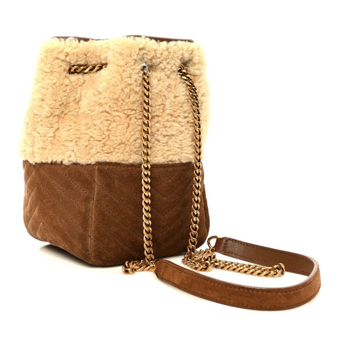 Saint Laurent Shearling Suede Monogram Joe Nano Bucket Bag Dark Cigar Natural Beige -FINAL SALE NO RETURNS