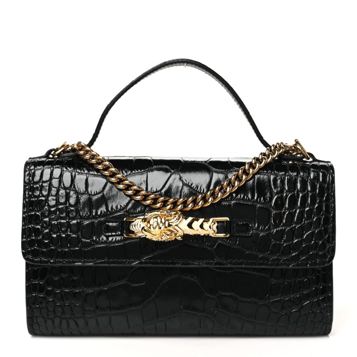 Gucci Crocodile Embossed Dragon Top Handle Shoulder Bag Black -FINAL SALE NO RETURNS