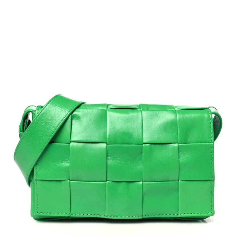 Bottega Veneta Paper Calfskin Maxi Intreccio Small Cassette Crossbody Bag Grass -FINAL SALE NO RETURNS