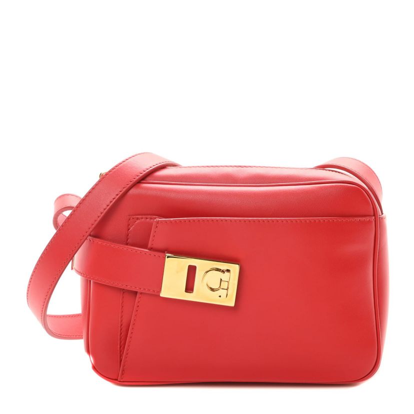 Salvatore Ferragamo Calfskin Gancio Small Archive Camera Case Flame Red -FINAL SALE NO RETURNS