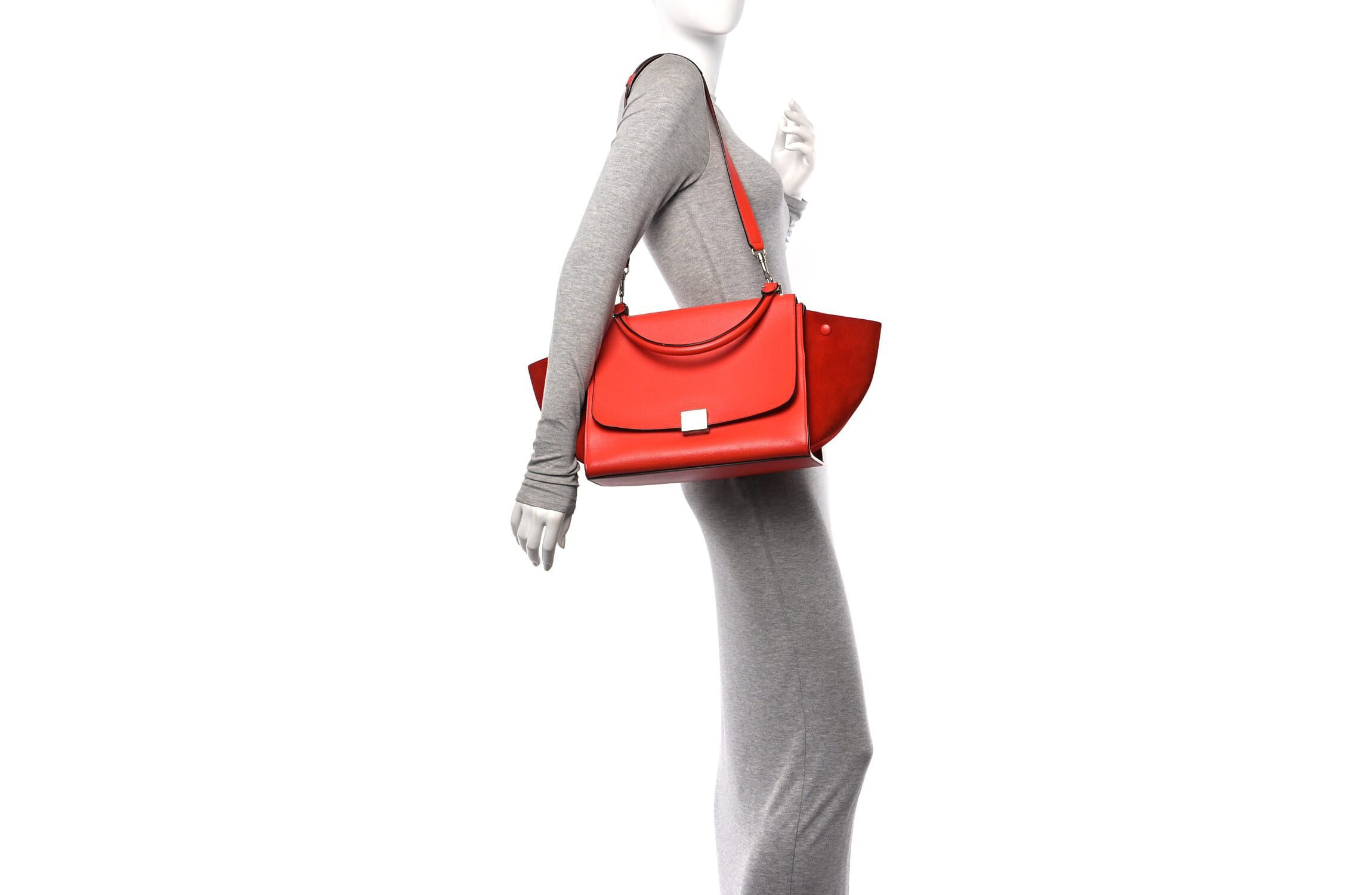 Celine Drummed Calfskin Suede Medium Trapeze Vermillion -FINAL SALE NO RETURNS