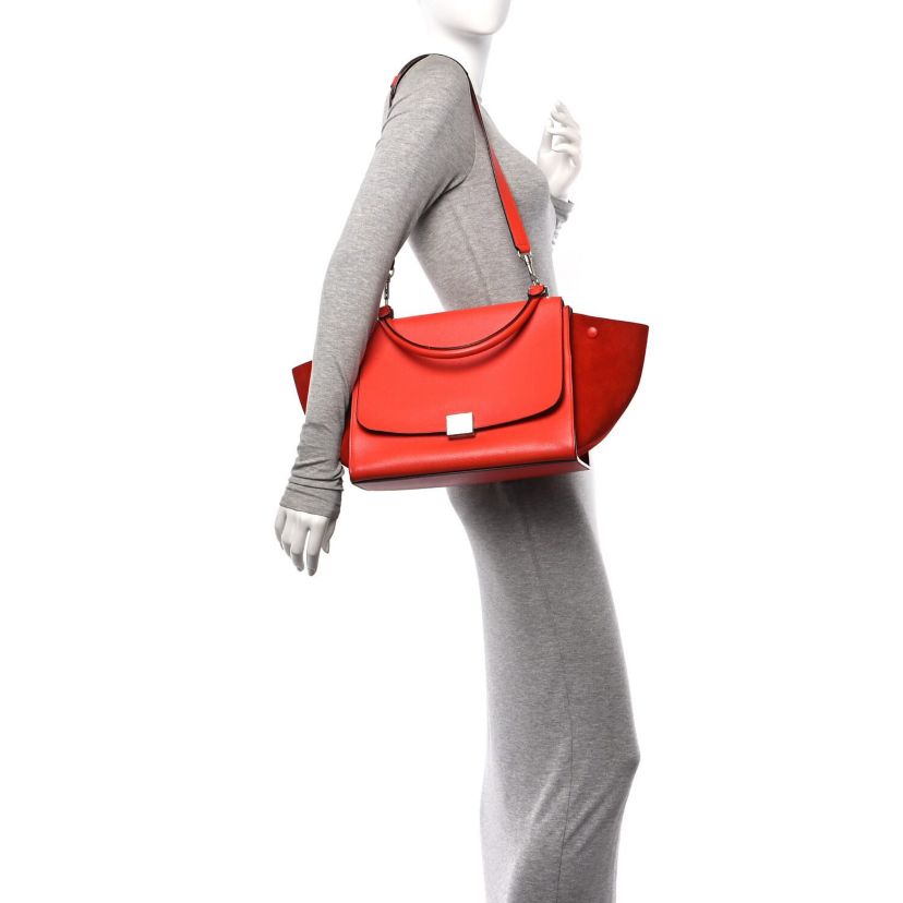Celine Drummed Calfskin Suede Medium Trapeze Vermillion -FINAL SALE NO RETURNS