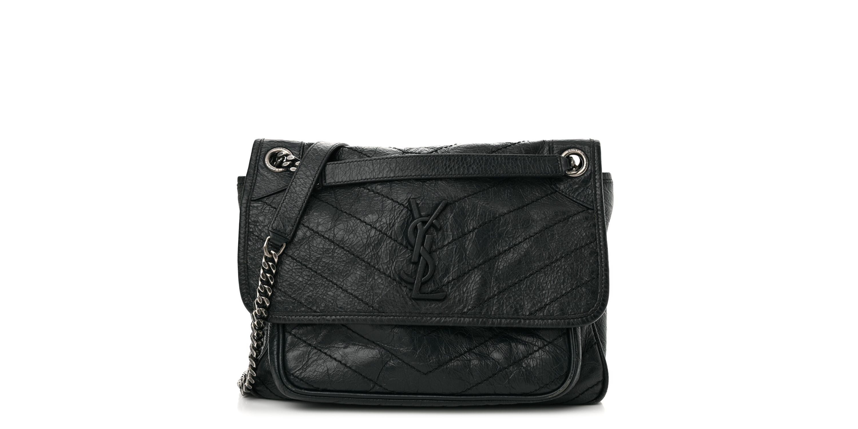 Saint Laurent Crinkled Calfskin Matelasse Monogram Medium Niki Chain Satchel Asphalt -FINAL SALE NO RETURNS