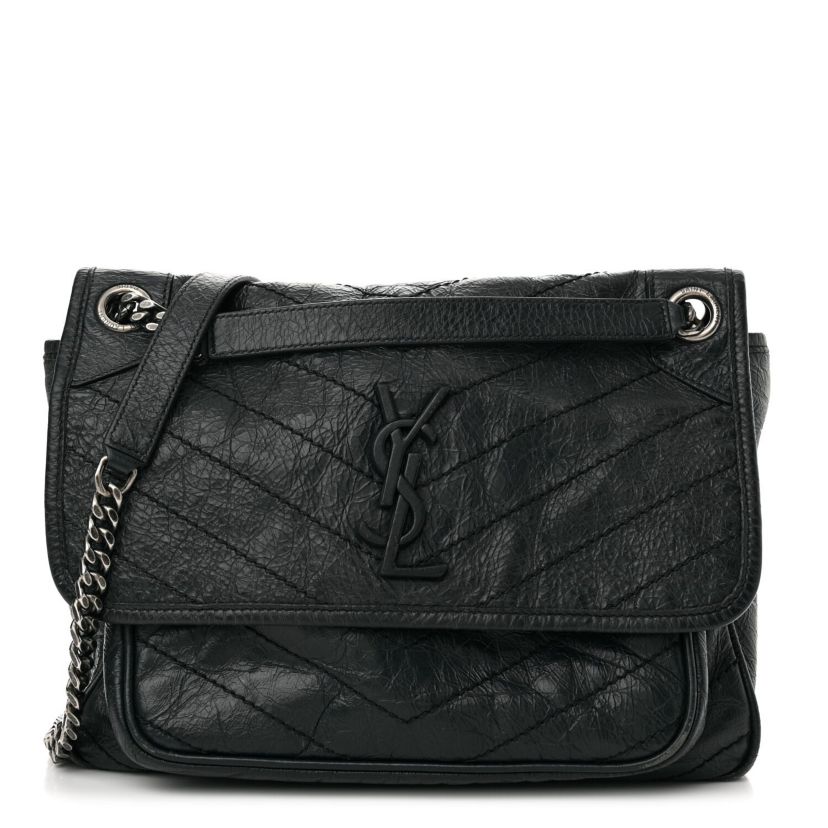 Saint Laurent Crinkled Calfskin Matelasse Monogram Medium Niki Chain Satchel Asphalt -FINAL SALE NO RETURNS