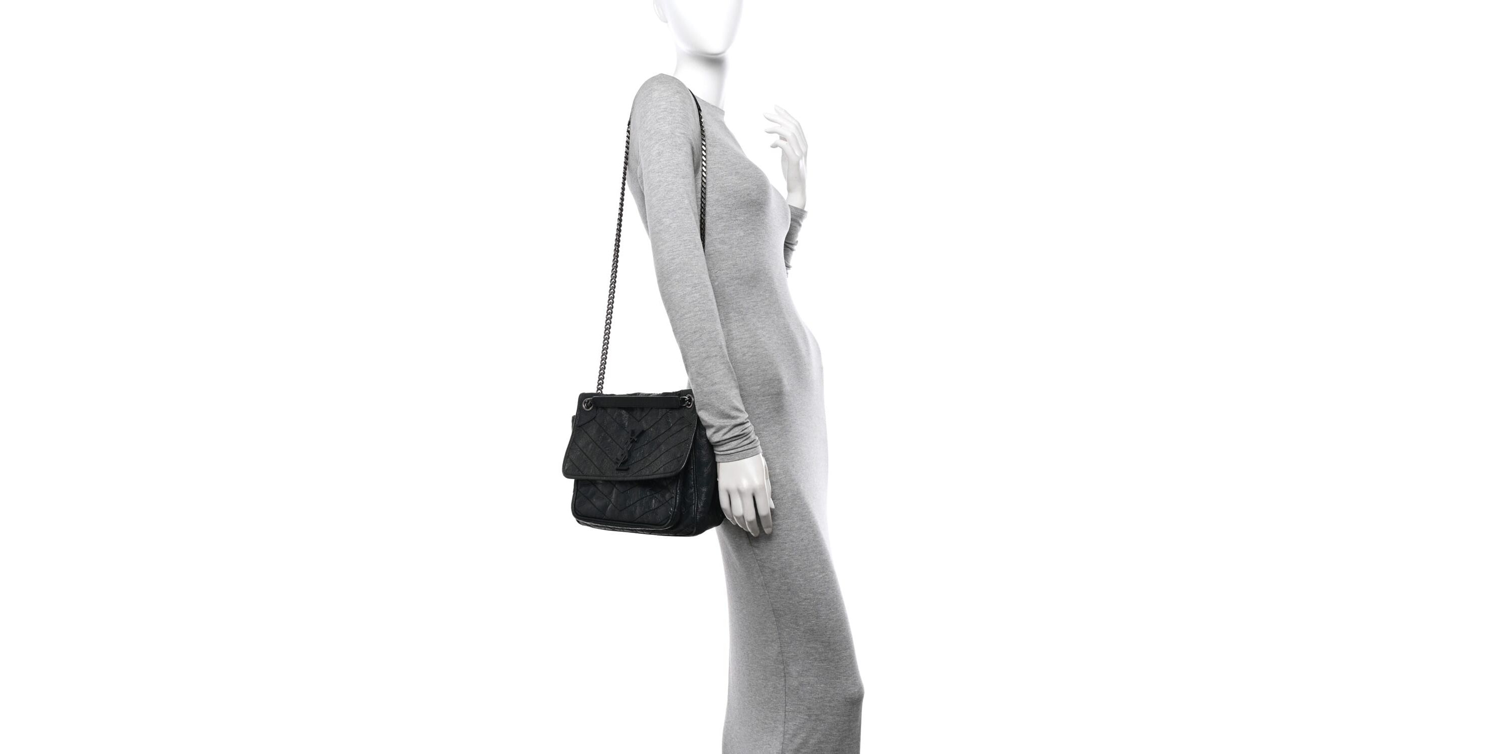 Saint Laurent Crinkled Calfskin Matelasse Monogram Medium Niki Chain Satchel Asphalt -FINAL SALE NO RETURNS