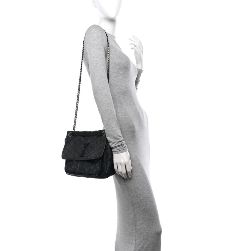 Saint Laurent Crinkled Calfskin Matelasse Monogram Medium Niki Chain Satchel Asphalt -FINAL SALE NO RETURNS
