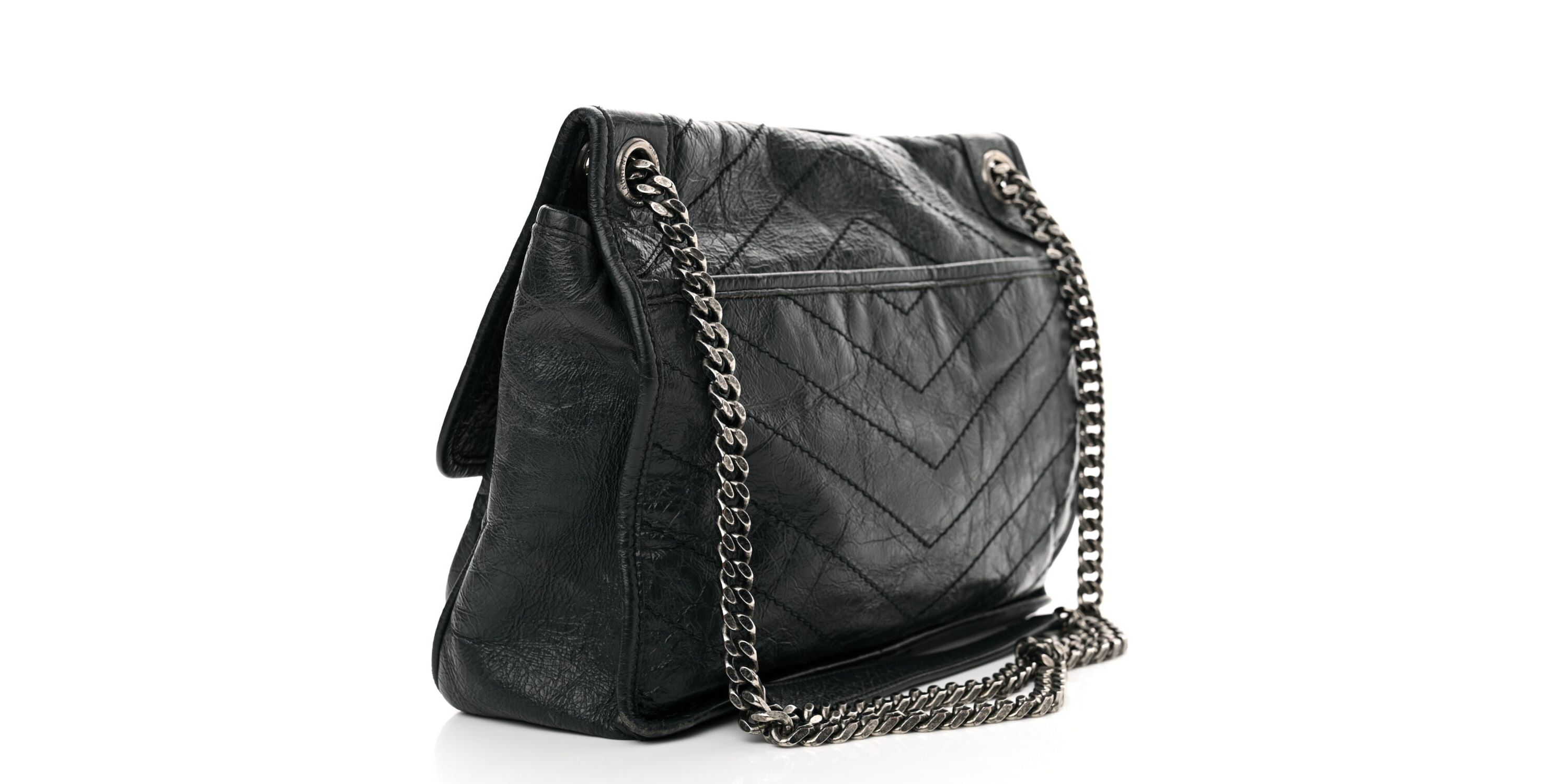 Saint Laurent Crinkled Calfskin Matelasse Monogram Medium Niki Chain Satchel Asphalt -FINAL SALE NO RETURNS