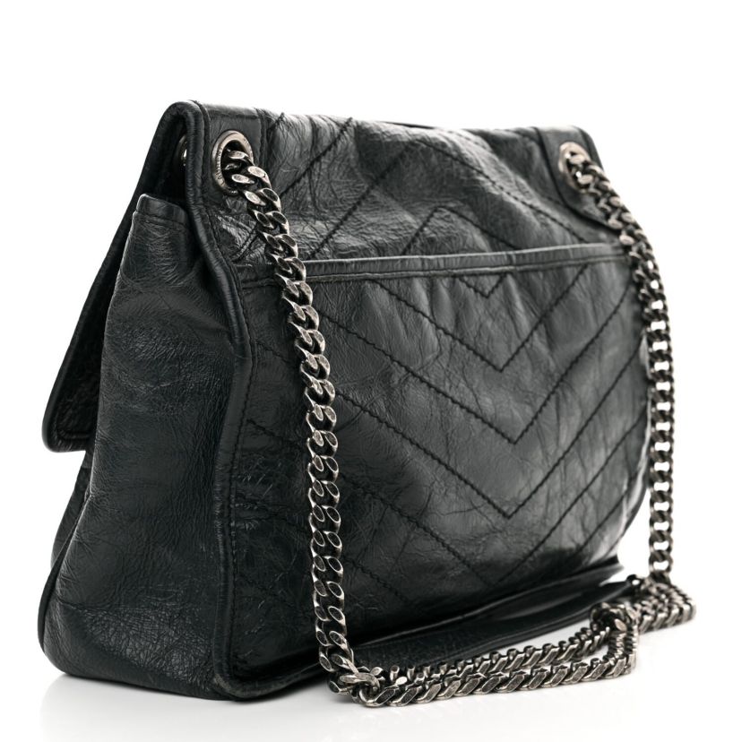 Saint Laurent Crinkled Calfskin Matelasse Monogram Medium Niki Chain Satchel Asphalt -FINAL SALE NO RETURNS