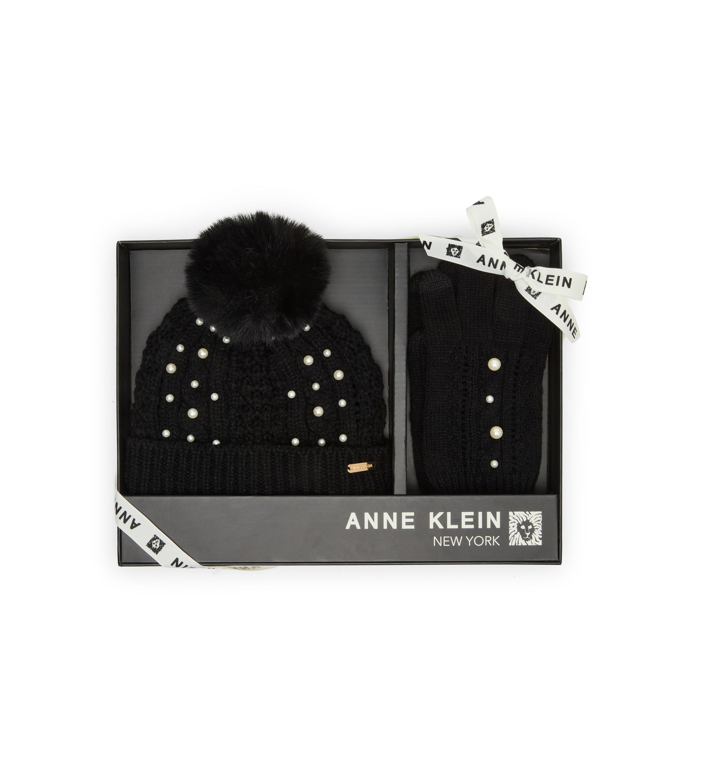 Anne Klein Mixed Cable Pearl Beanie and Glove Set | Belk display picture 1
