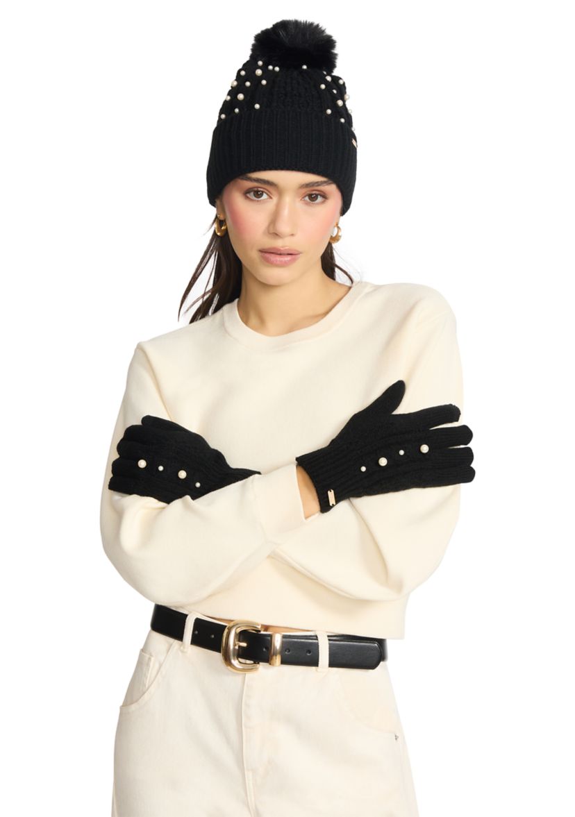 Anne Klein Cream Knit Hat and Glove Set with Pom Pom Anne Klein Knit Hat Beanie Cream Cable Knit Faux Fur Pom Pom  main image 3