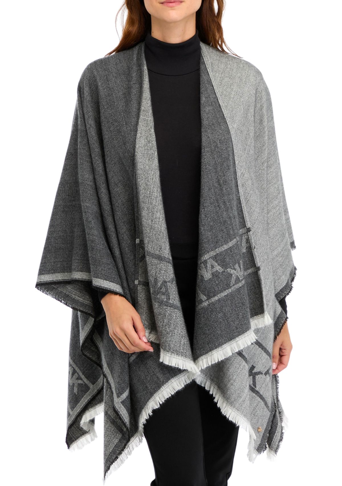 Womens Two Tone Fringe Hem Jacquard Knit Ruana